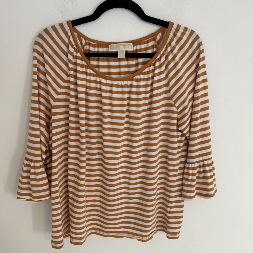 Michael Kors Women's L Baby Doll Sleeves Mustard White Stripe Cotton Lightweight
